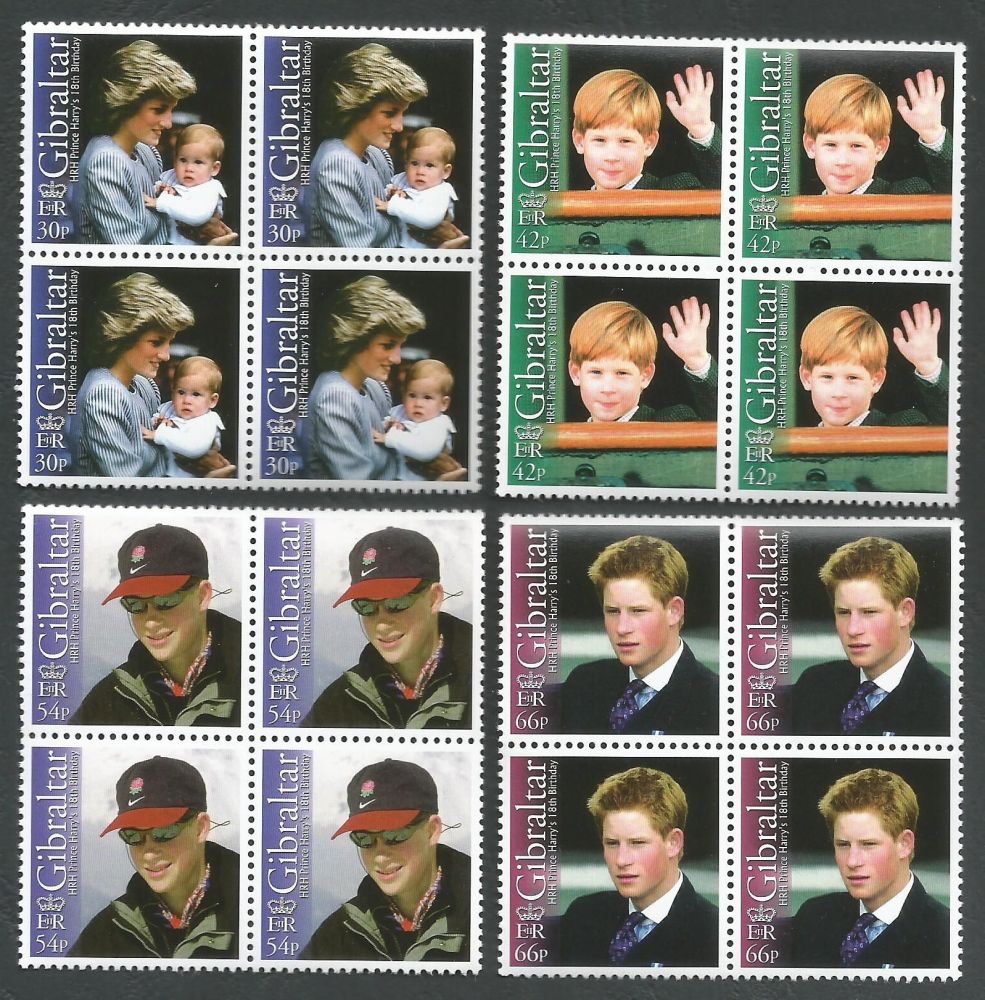 Gibraltar Stamps SG 1020-23 2002 18th Birthday of Prince Harry - Block of 4 MINT