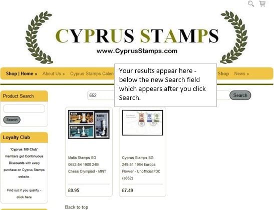 Cyprus stamps product search with issue number without SG entered