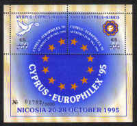 Cyprus Stamps SG 891 MS 1995 Europhilex Â£5 + Â£5  Surcharge - MINT (d548)