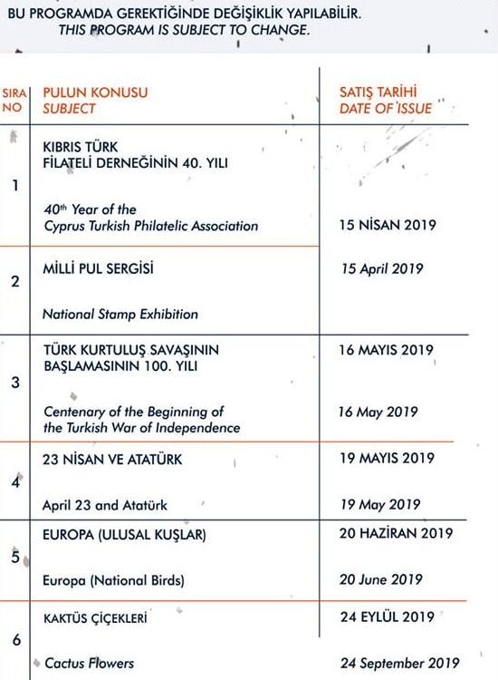 North Cyprus stamps planned issues for 2019