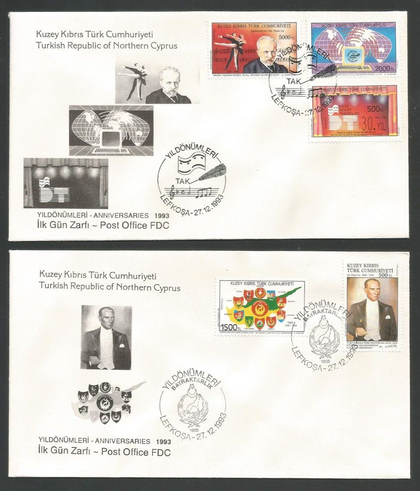 North Cyprus Stamps 364-68 1993 Anniversaries - Official FDC