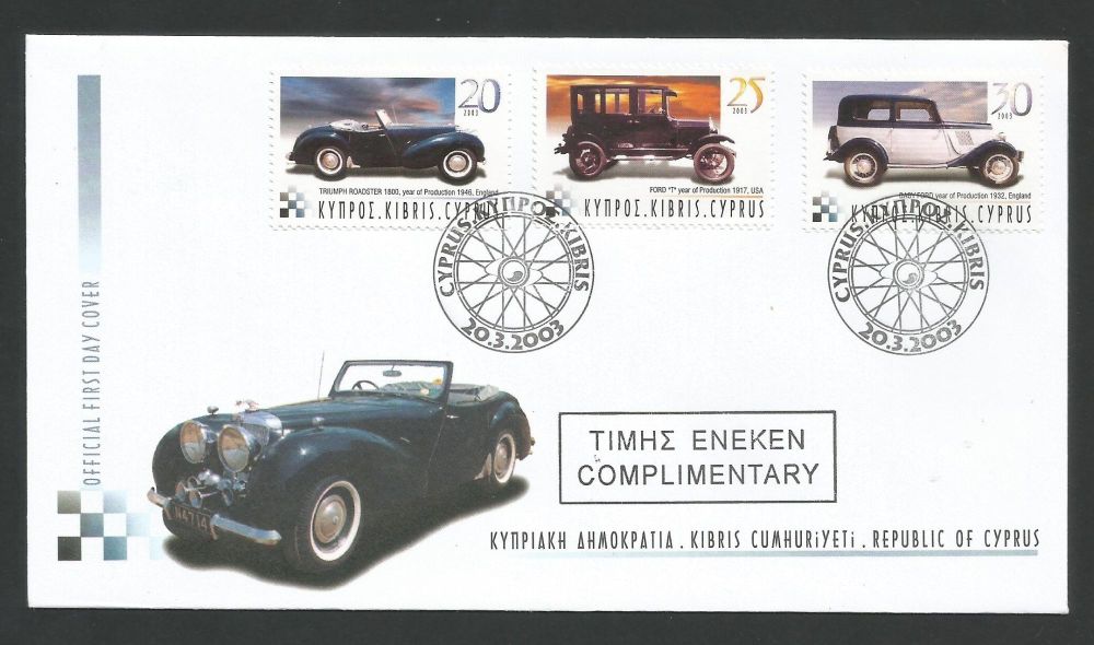 Cyprus Stamps SG 1048-50 2003 Historic motor cars - Official FDC Stamped Co