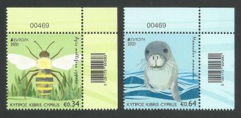 Cyprus Stamps SG 2021 (e) EUROPA 2021 Endangered National Wildlife Seal and Bee - Control numbers MINT