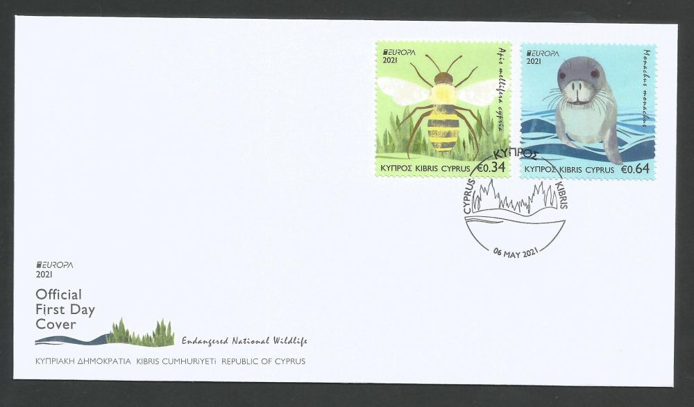 Cyprus Stamps SG 2021 (e) EUROPA 2021 Endangered National Wildlife Seal and Bee - Official FDC