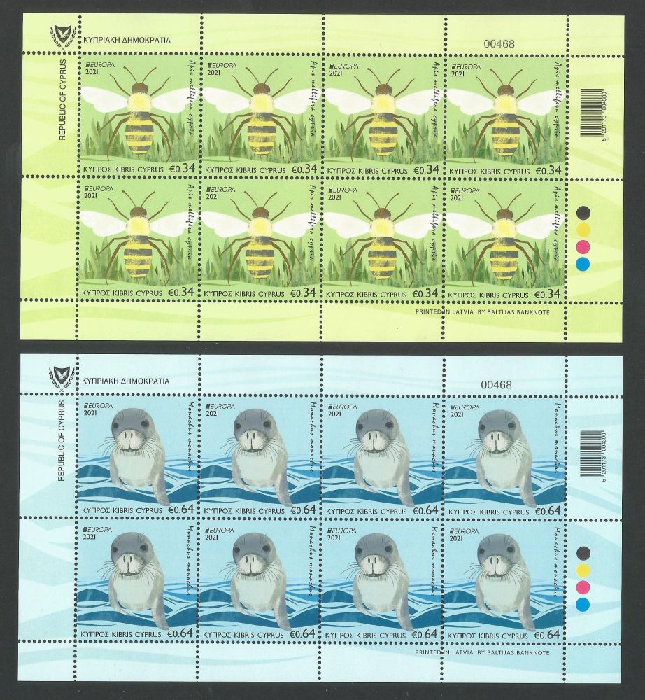 Cyprus Stamps SG 2021 (e) EUROPA 2021 Endangered National Wildlife Seal and Bee - Full Sheets MINT