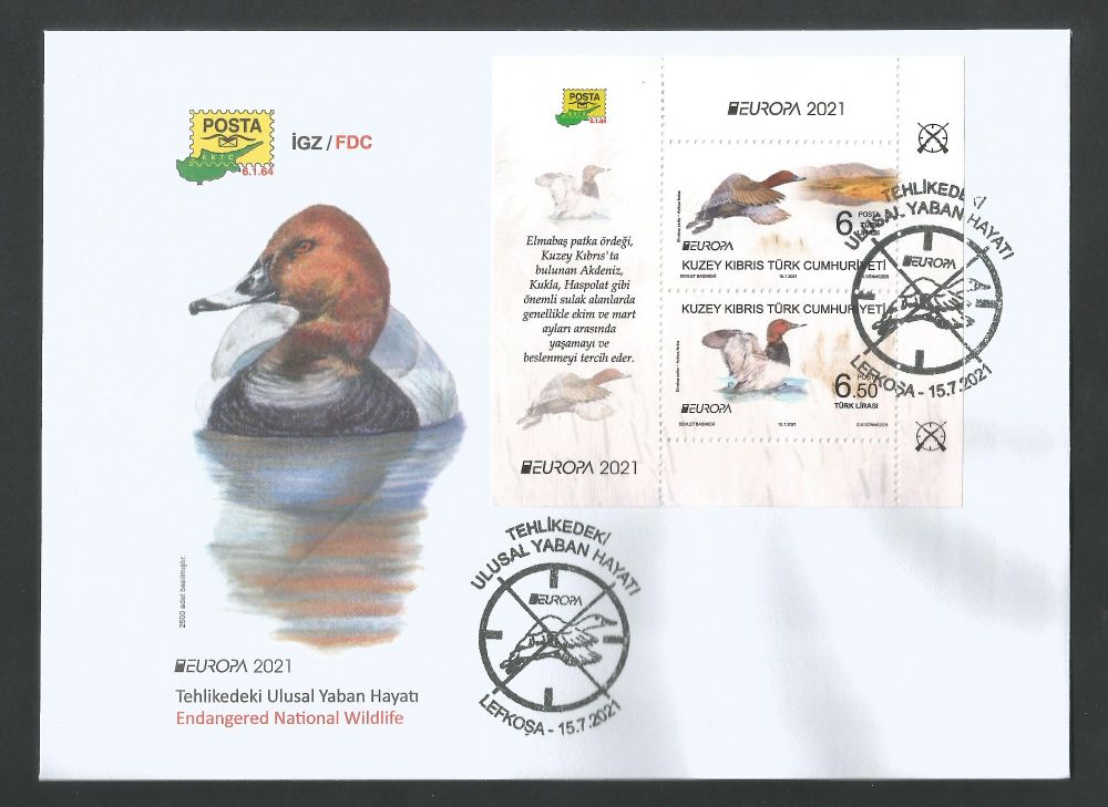 North Cyprus Stamps SG 0864 2021 Europa Endangered National Wildlife Birds Mini Sheet  - Official FDC