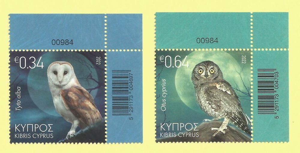 Cyprus Stamps SG 2022 (a) Birds Barn and Scops Owl  - Control Numbers MINT 