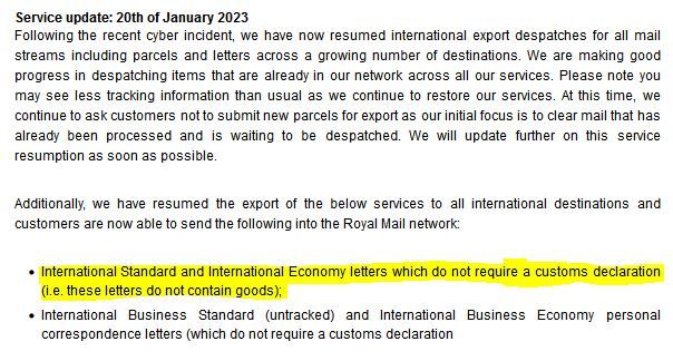 Royal Mail International Incident update 20 Jan 2023