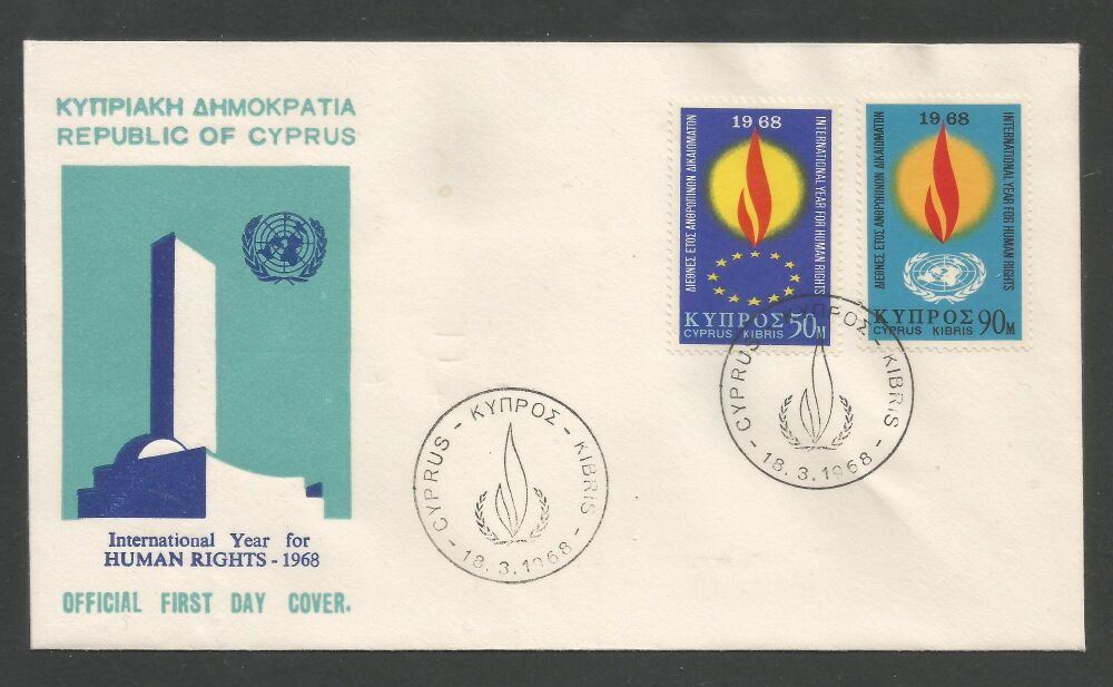 Cyprus Stamps SG 316-17 1968 Human Rights Year, mark on front- Official First Day Cover  (r233)