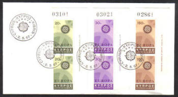 Cyprus Stamps SG 302-04 1967 Europa Cogwheel "Pairs" Control numbers - Unofficial FDC (g937)