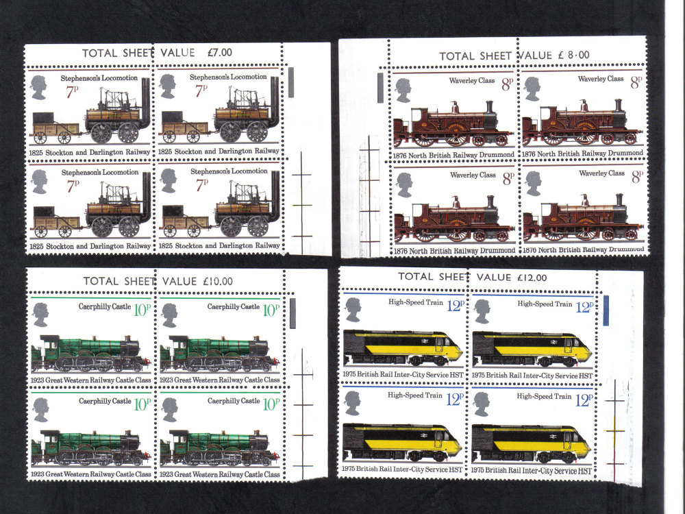 British Stamps 1975 Railways and Trains - Blocks of 4 MINT (h796)