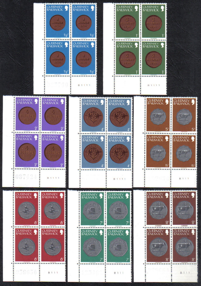 Guernsey Stamps 1979 Coins Full set - Cylinder Blocks of 4 MINT (z512)