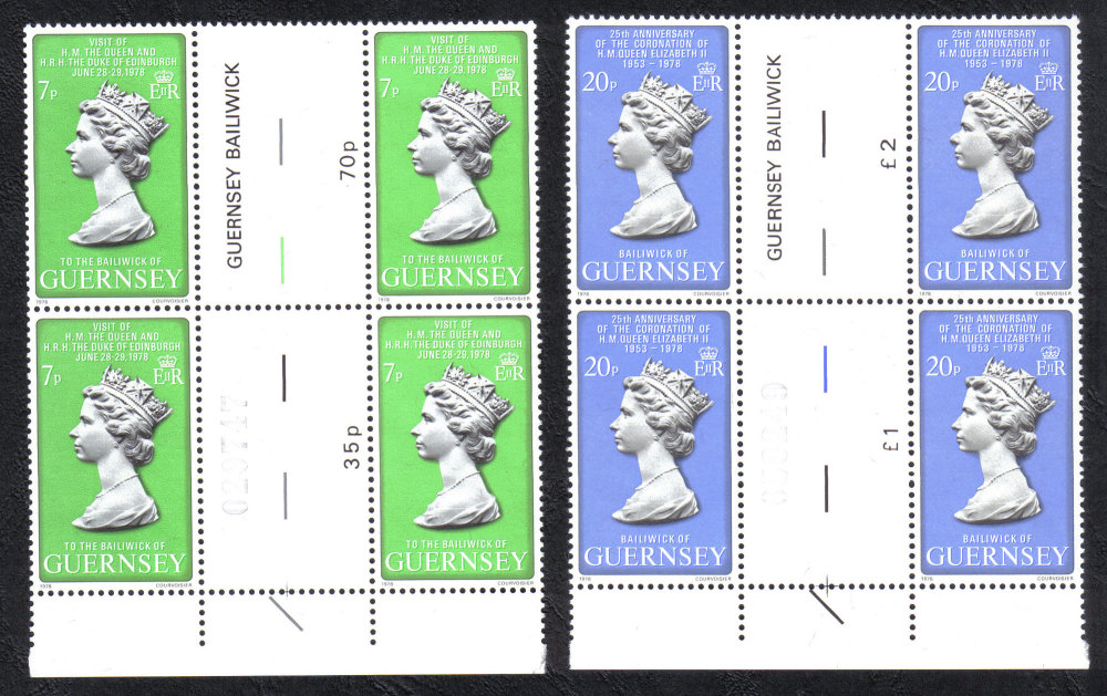 Guernsey Stamps 1978 Queens Visit - Blocks of 4 Gutter pairs MINT (z519)