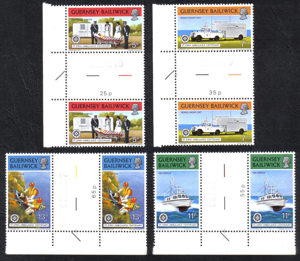 Guernsey Stamps 1977 Christmas and St Johns Ambulance - Gutter pairs MINT (