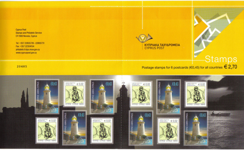 Cyprus Stamps SG 1255 and 1256 (SB 15) 2011 Postcard stamps Lighthouses - Booklet MINT