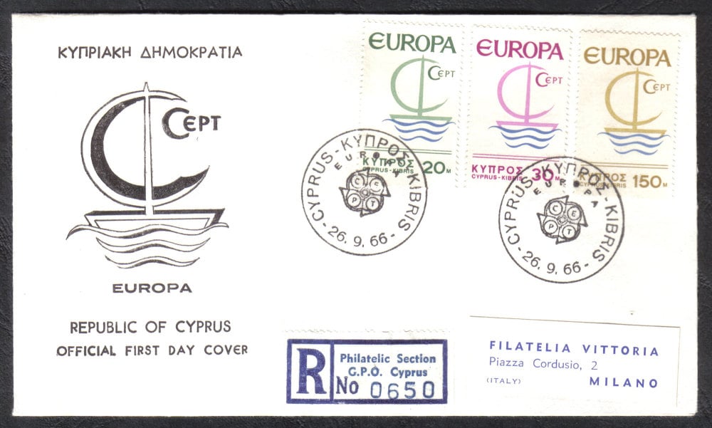 Cyprus Stamps SG 280-82 1966 Europa Ship - With label Official FDC (h859)