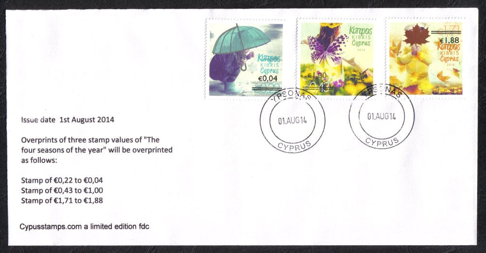 Cyprus Stamps SG 1327-29 2014 Overprints of "The Four Seasons" stamps - Unofficial FDC