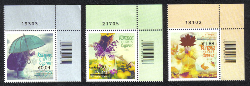 Cyprus Stamps SG 1327-29 2014 Overprints of "The Four Seasons" stamps - Control numbers MINT