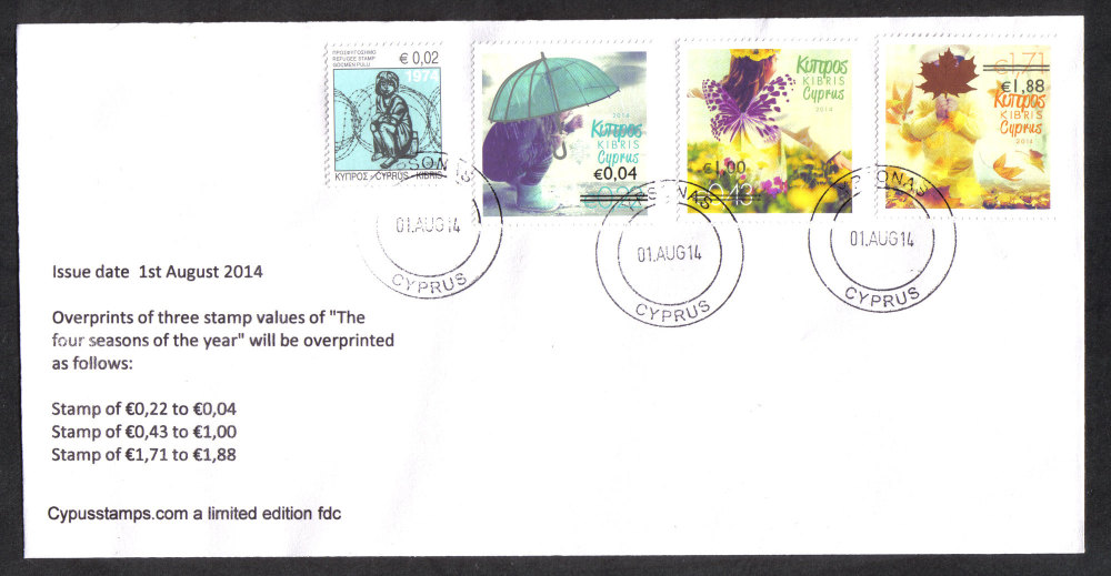 Cyprus Stamps SG 1327-29 2014 Overprints of "The Four Seasons" stamps - Unofficial FDC (h868)