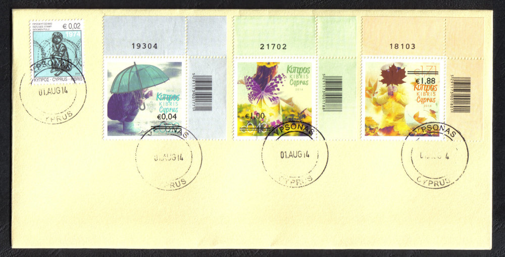 Cyprus Stamps SG 1327-29 2014 Overprints of "The four seasons" stamps - Control numbers Unofficial FDC (h870)