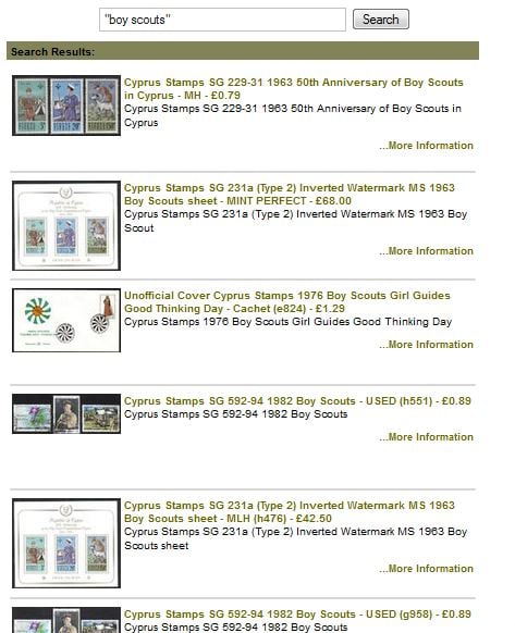 Cyprus stamps Boy Scouts search results using quotation marks in the Product Search tool