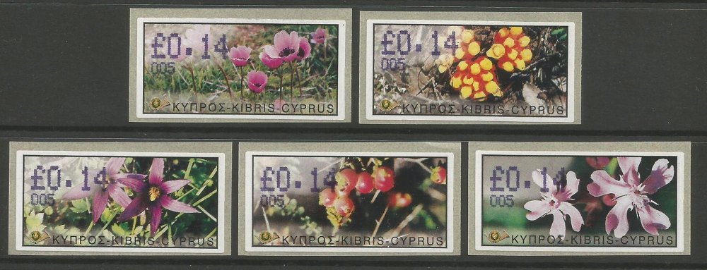 Cyprus Stamps 127-31 Vending Machine Labels Type E 2002 Limassol (005) One of each Flower type on 14 cent labels - MINT