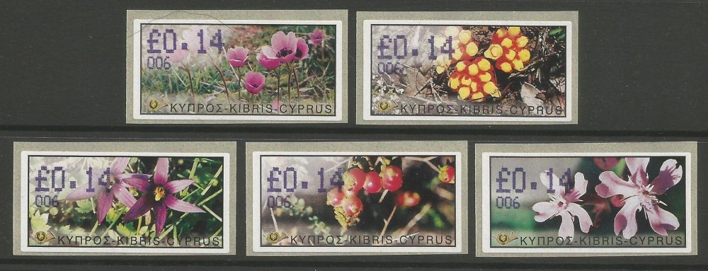 Cyprus Stamps 157-61 Vending Machine Labels Type E 2002 Paphos (006) One of each Flower type on 14 cent labels - MINT