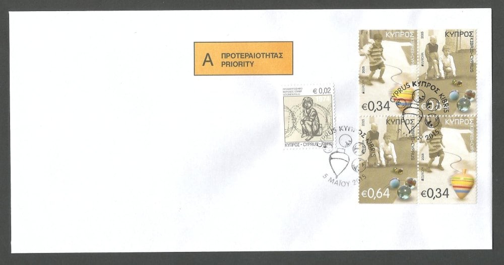 Cyprus Stamps SG 1369a-70a 2015 Europa Old Toys Spinning Top and Marbles - Booklet pane Unofficial FDC (k084)