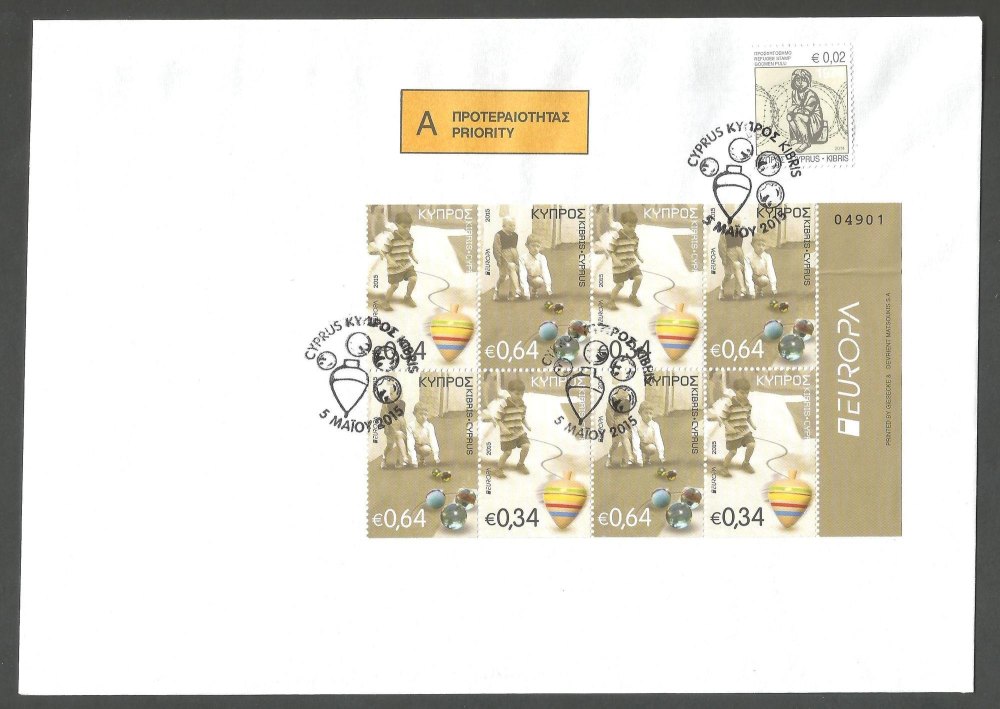 Cyprus Stamps SG 1369a-70a 2015 Europa Old Toys Spinning Top and Marbles - Booklet Unofficial FDC (k087)
