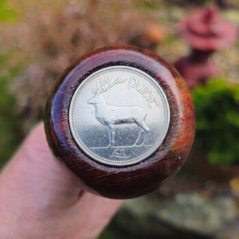IRISH BLACKTHORN WALKING STICK WITH AN OLD IRISH COIN EMBEDDED IN THE HANDLE