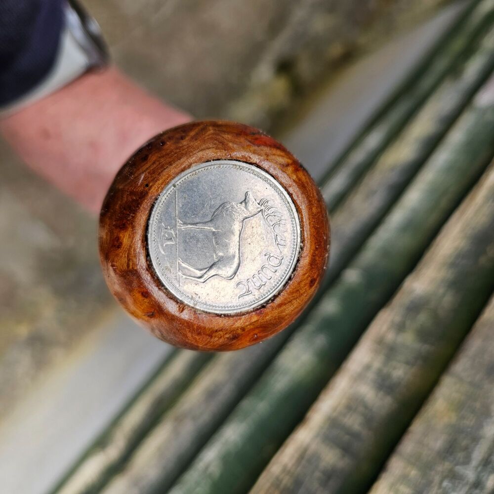 IRISH BLACKTHORN WALKING STICK WITH A BURL ELM HANDLE WITH AN OLD IRISH COI