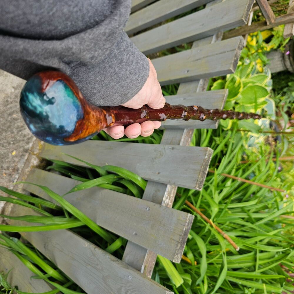 IRISH BLACKTHORN WALKING STICK WITH A RESIN AND BURL ELM Handle