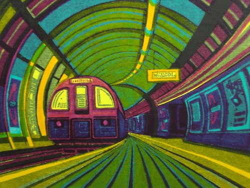 Going underground, linocut by Gail Brodholt