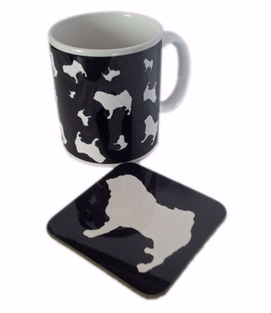 Pug Dog Silhouette Ceramic Mug And Square Gloss Coaster