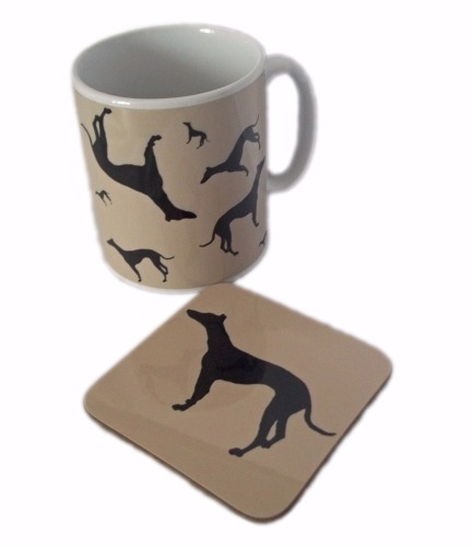 Greyhound Whippet Dog Sighthound Silhouette Ceramic Mug And Coaster Set