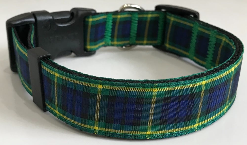 Handmade Adjustable Plaid Gordon Tartan Dog Collar Yellow Navy Green