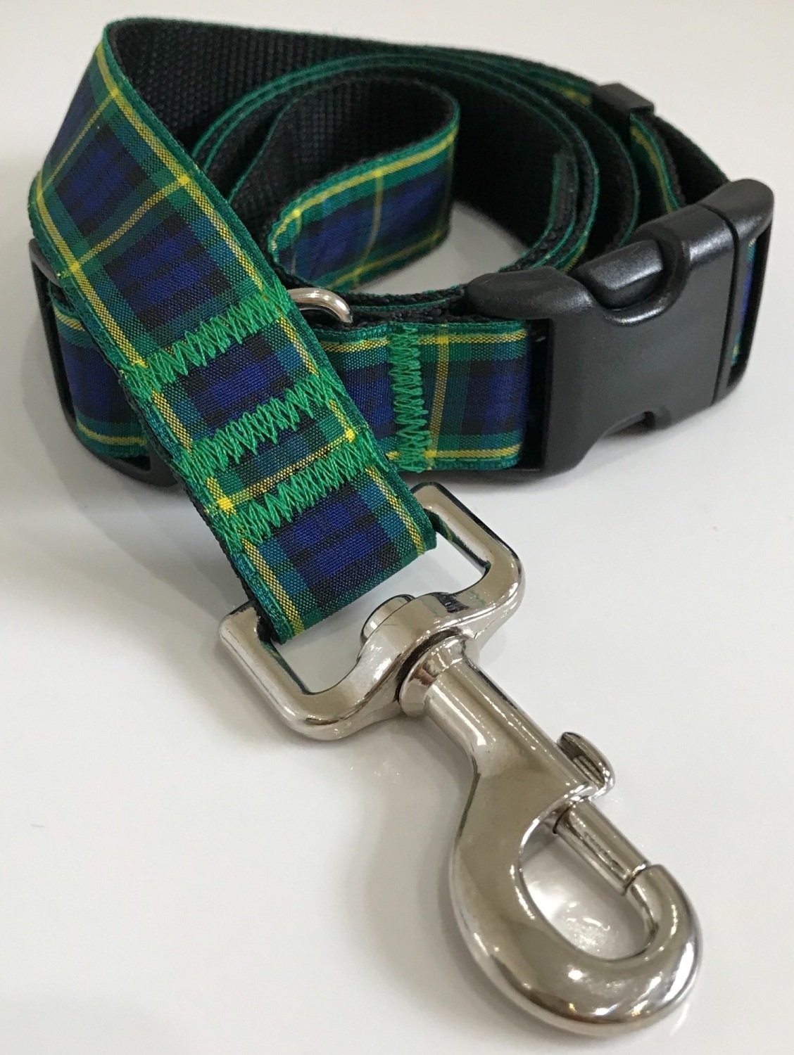 Handmade Adjustable Plaid Gordon Tartan Dog Collar And Lead Set Yellow Navy Green