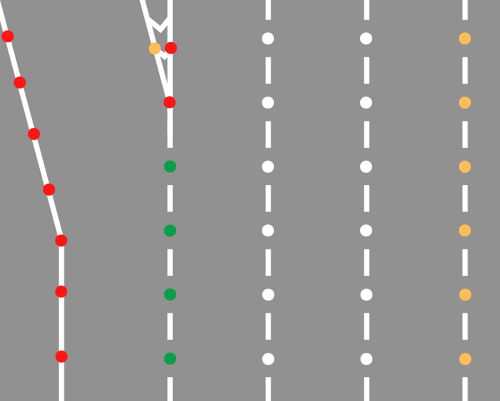 What colour are the reflective studs between a motorway and its slip road?