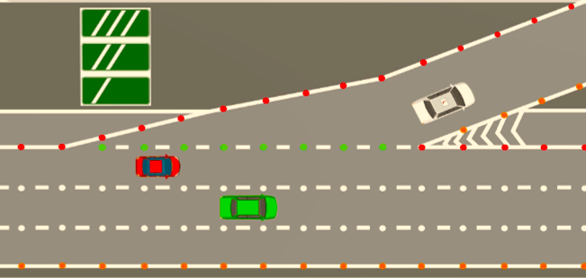 4. Green Studs: Junctions and Slip Roads  Where you find them: Where the main motorway carriageway meets a slip road (at exits and entrances).  The meaning: These act as a warning! They indicate that a slip road or lay-by is joining or leaving the main road. If you're approaching an exit, you'll see a run of green studs.