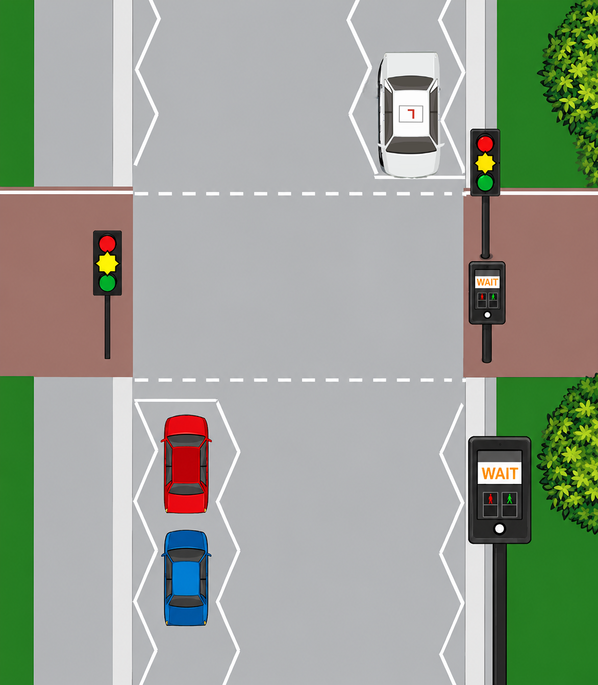 A pelican crossing is a signal-controlled pedestrian crossing operated by a push-button. Drivers must stop when the traffic lights show a steady red light. A flashing amber light means drivers may proceed if the crossing is clear of pedestrians.