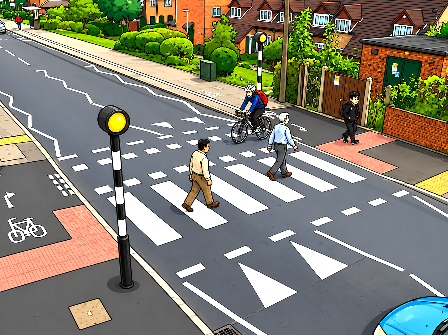 A parallel crossing combines a zebra crossing for pedestrians with a separate crossing area for cyclists. Pedestrians and cyclists can cross the road side by side using their designated sections.