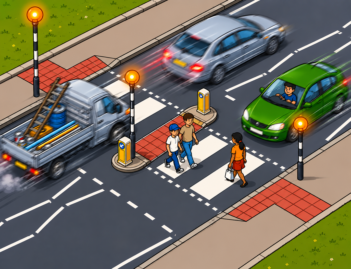 A zebra crossing with a centre refuge island allows pedestrians to cross the road in two separate stages. The refuge provides a safe waiting area between the two directions of traffic. Drivers must give way to pedestrians who have stepped onto their side of the crossing.