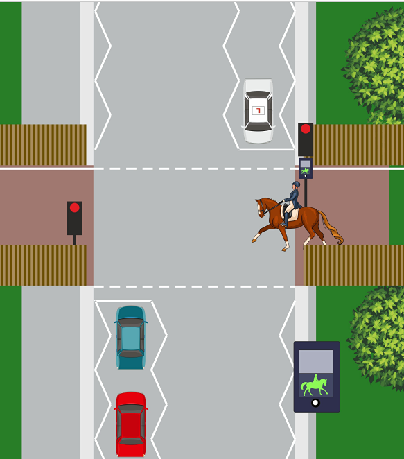 A Pegasus crossing is a signal-controlled crossing designed for horse riders, pedestrians, and cyclists. It features a higher push-button control that can be reached by riders without dismounting.