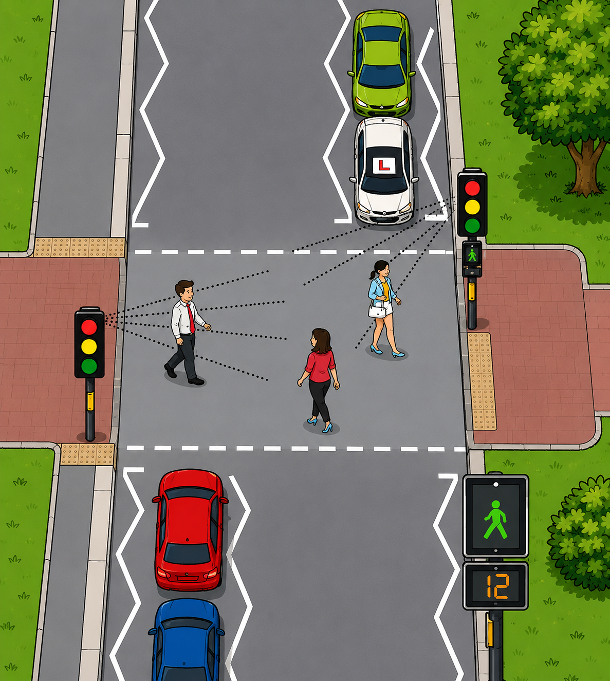 A puffin crossing is a signal-controlled pedestrian crossing that uses sensors to detect pedestrians. Pedestrians press a button and wait for the green man signal, which is displayed on the crossing pole.