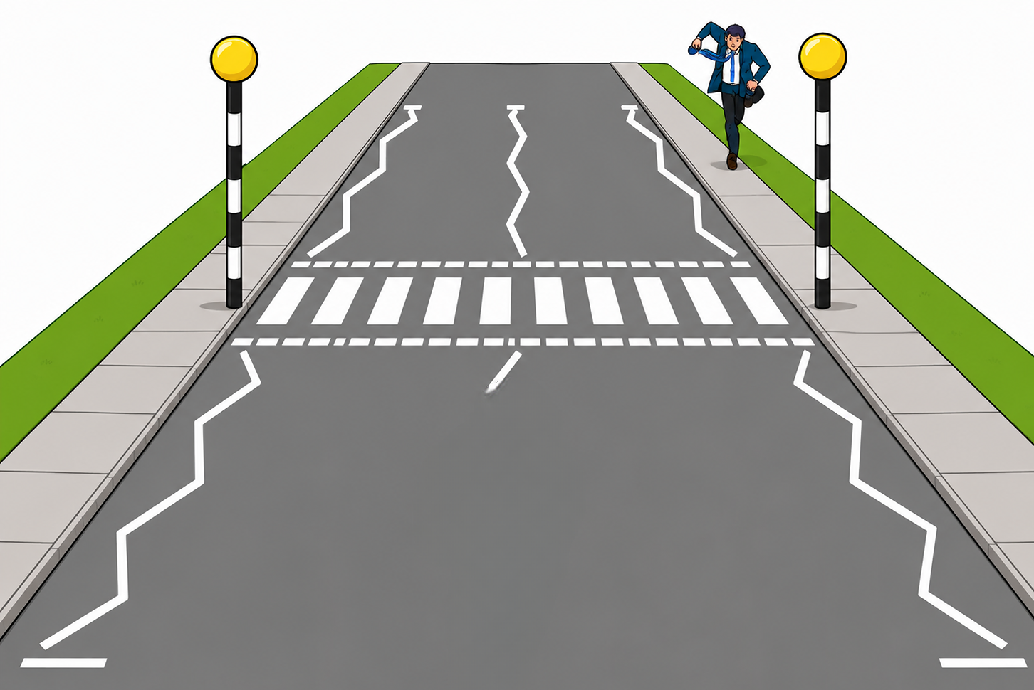 A zebra crossing is a pedestrian crossing marked by black and white stripes across the road, usually accompanied by flashing amber beacons known as Belisha beacons.