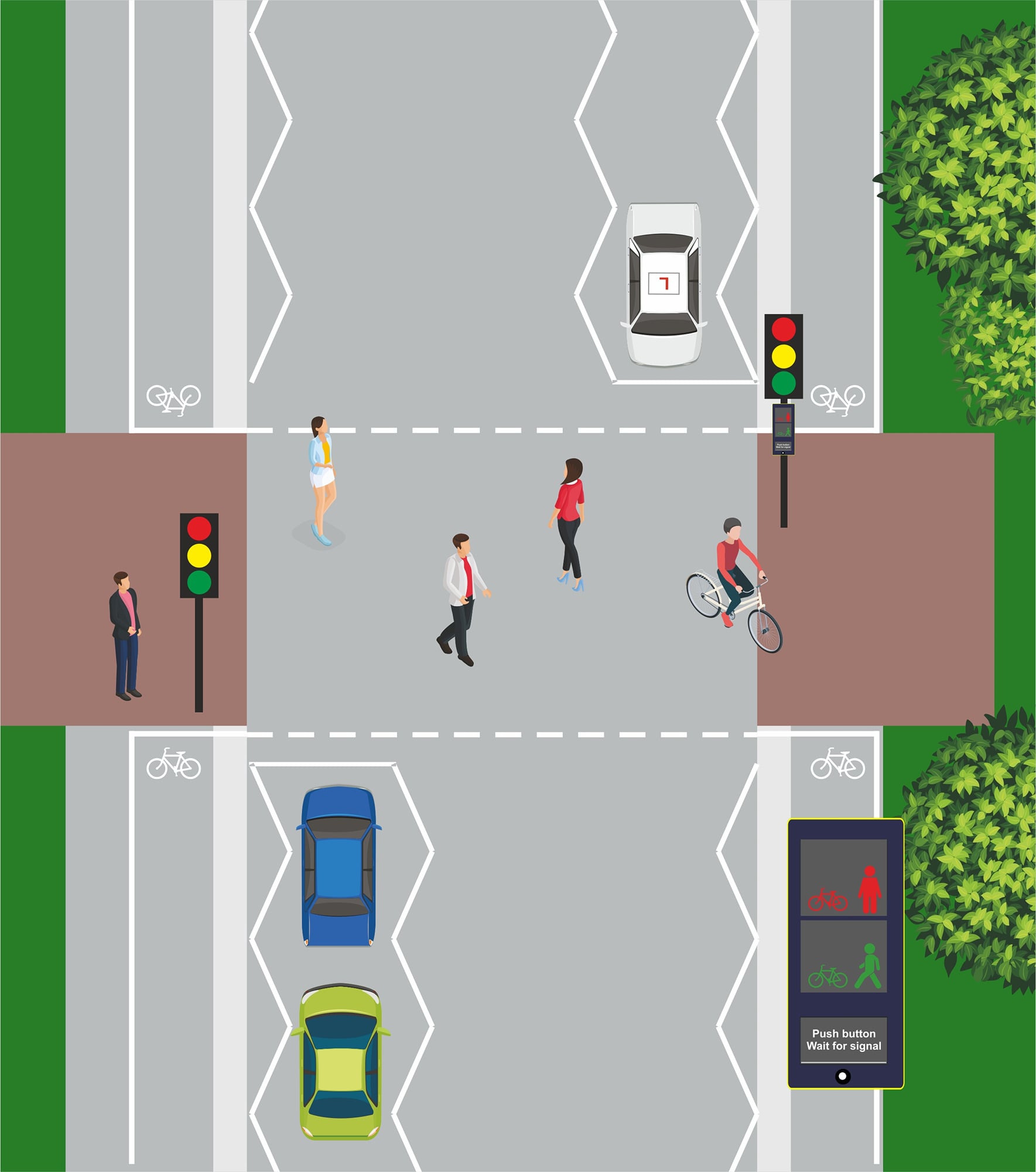 A toucan crossing is a signal-controlled crossing designed for both pedestrians and cyclists. Pedestrians and cyclists can cross together without cyclists needing to dismount.