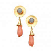 Hammered disc earrings Peach agate  with Labradorite