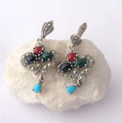 Silver  earrings Hearts - Multi stone Turquoise & Agate (MS01E)