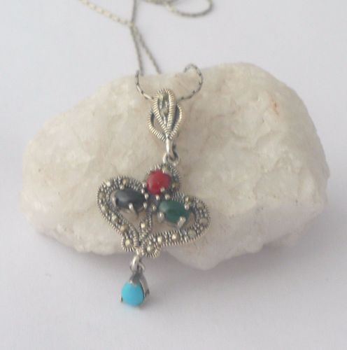 Silver  Necklace Hearts - Multi stone Turquoise & Agate  (MS01N)