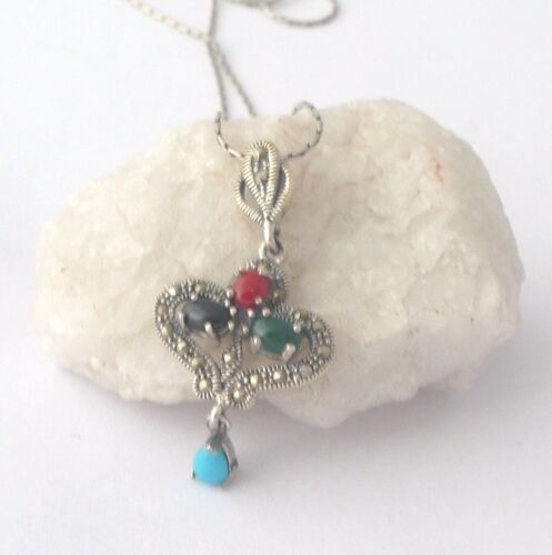 Silver Necklace Hearts - Multi stone Turquoise & Agate (MS01N)
